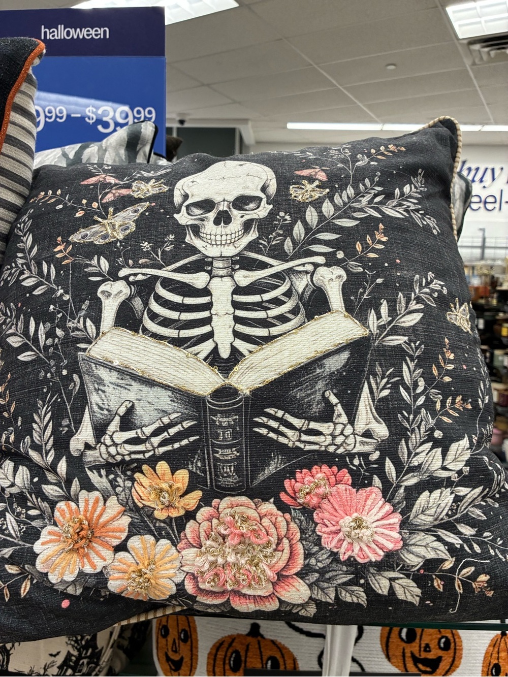 Decorative Halloween Skeleton Reading Book Throw Pillow - Black